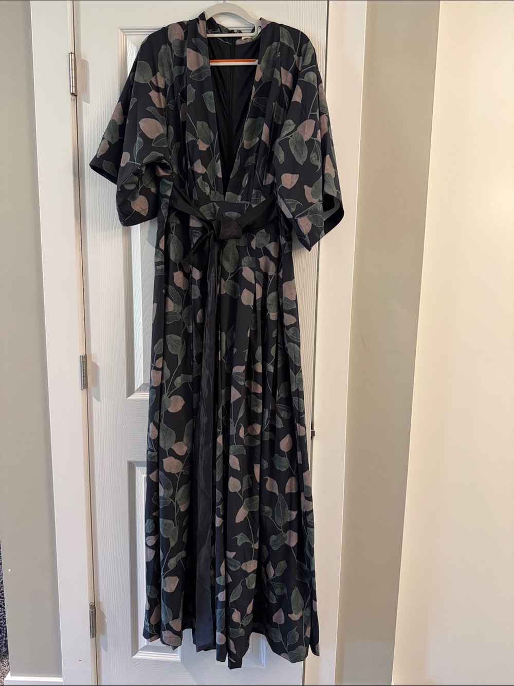Black Floral Kimono-High Waist Jumpsuit- Elegant Leaf Print size L/XL